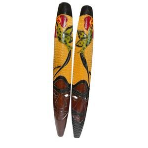 Jamaican Tribal Wood Masks Handmade Humming Bird Wall Hanging Tiki Art Long Pair